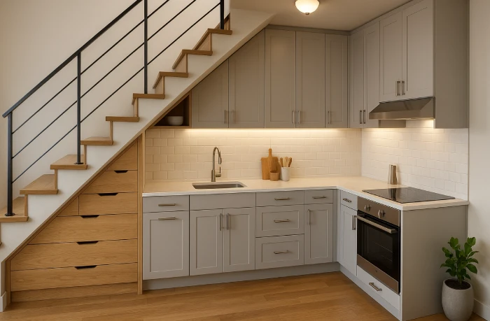 desain dapur minimalis bawah tangga Compact Smart Storage