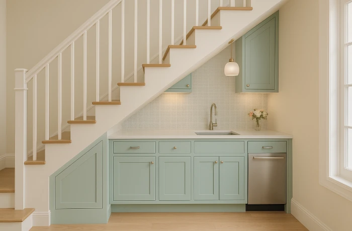 desain dapur minimalis bawah tangga Dapur Lembut Pastel