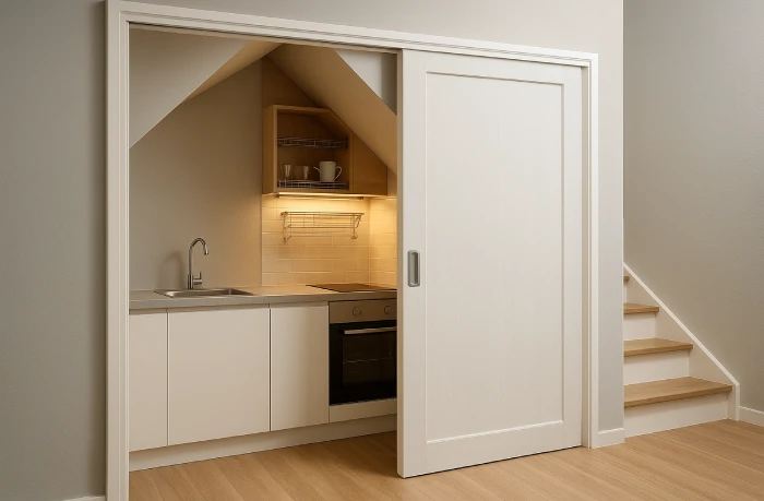 desain dapur minimalis bawah tangga Hidden Kitchen Compact