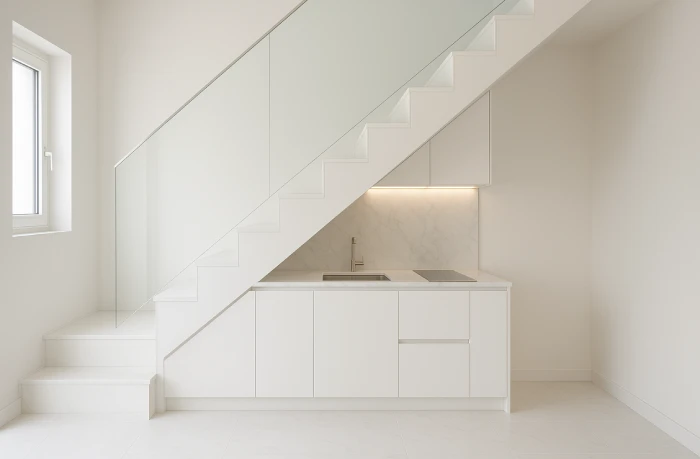 desain dapur minimalis bawah tangga Minimalis Putih Cerah