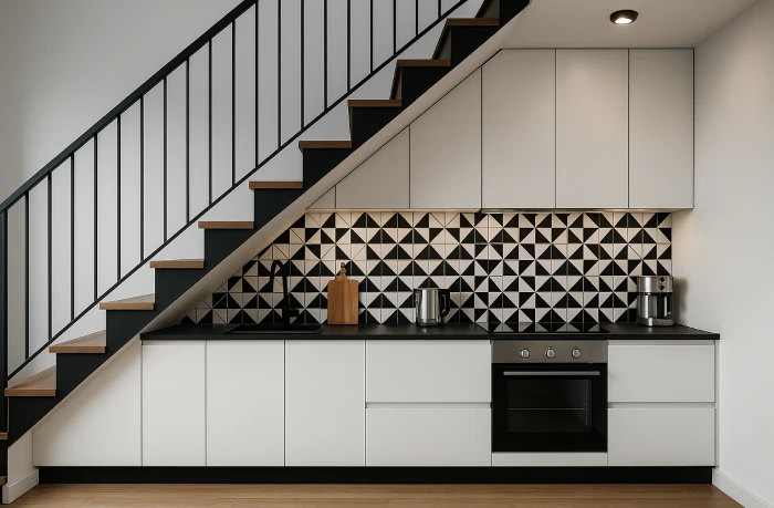 desain dapur minimalis bawah tangga Monokrom Geometris