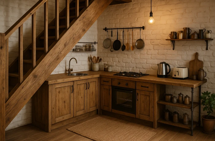 desain dapur minimalis bawah tangga Rustic Tangga Kayu