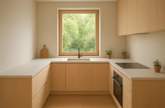 desain dapur minimalis bentuk u Japandi Kayu Pucat