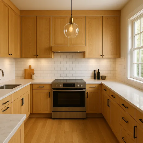 desain dapur minimalis bentuk u Kayu Natural Hangat