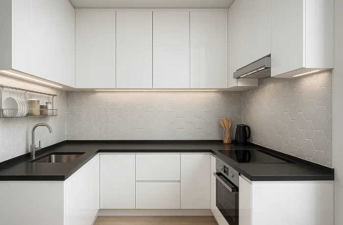 desain dapur minimalis bentuk u Kontras Hitam Putih