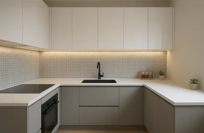 desain dapur minimalis bentuk u Modern Putih-Abu