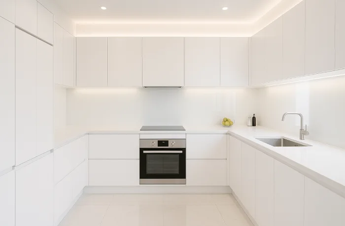 desain dapur minimalis bentuk u Putih Mulus Bersih