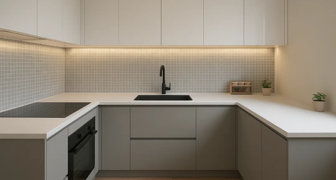 desain dapur minimalis bentuk u warna putih