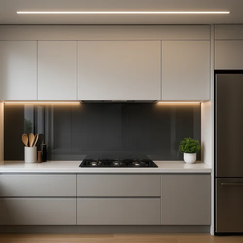 desain dapur minimalis dengan kompor tanam Elegan Futuristik