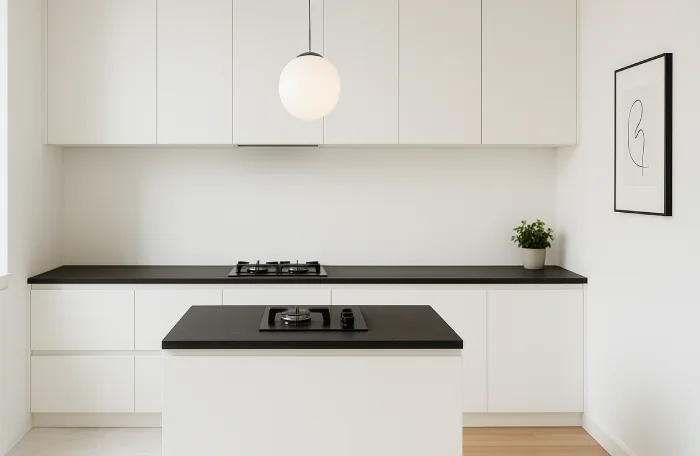 desain dapur minimalis dengan kompor tanam Monokrom Putih