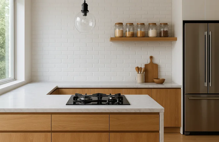 desain dapur minimalis dengan kompor tanam Sentuhan Natural