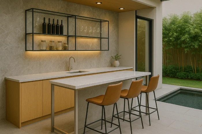 desain dapur minimalis terbuka Elegan dengan Kolam