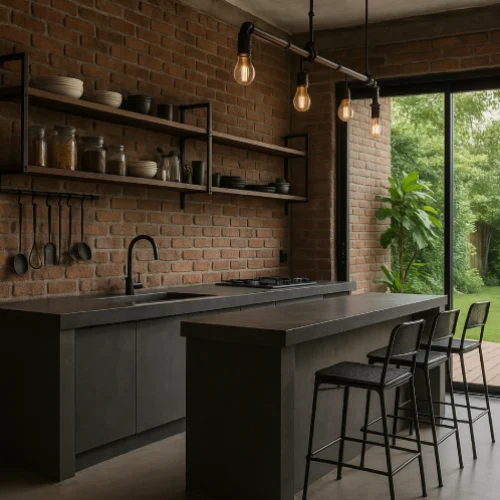desain dapur minimalis terbuka Industrial Hangat