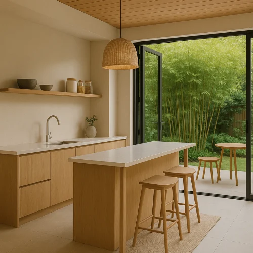 desain dapur minimalis terbuka Japandi Natural