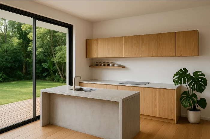 desain dapur minimalis terbuka Menghadap Taman