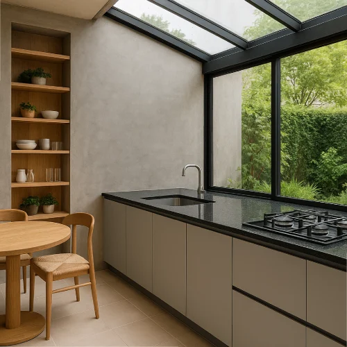 desain dapur minimalis terbuka Semi Outdoor Cerah