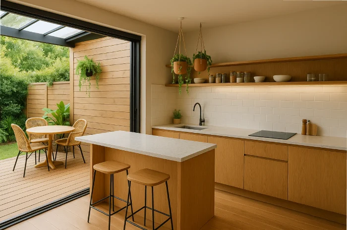 desain dapur minimalis terbuka Teras Kayu Hangat