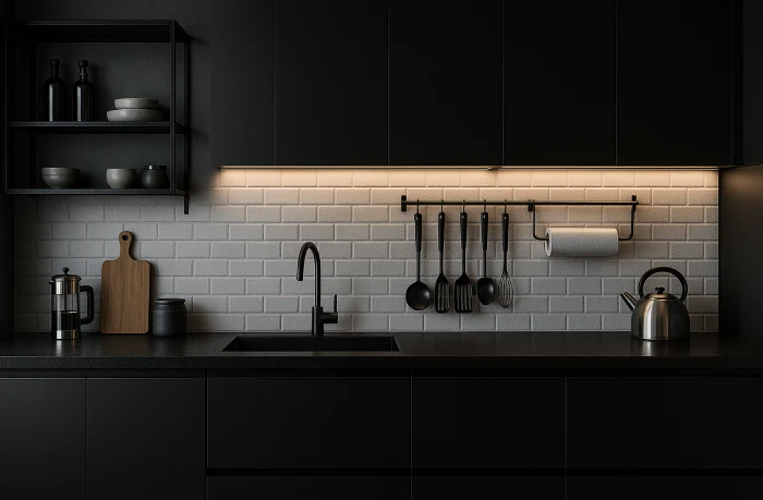 desain dapur minimalis warna hitam Aksen Backsplash Putih