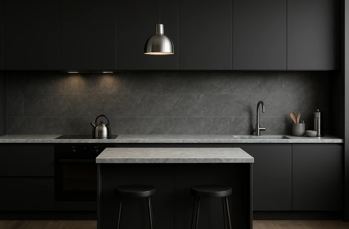 desain dapur minimalis warna hitam Backsplash Abu Tekstur