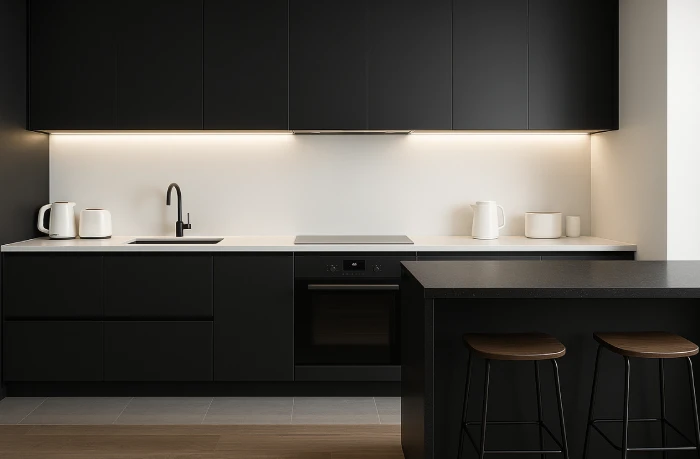 desain dapur minimalis warna hitam Kabinet Hitam Ramping