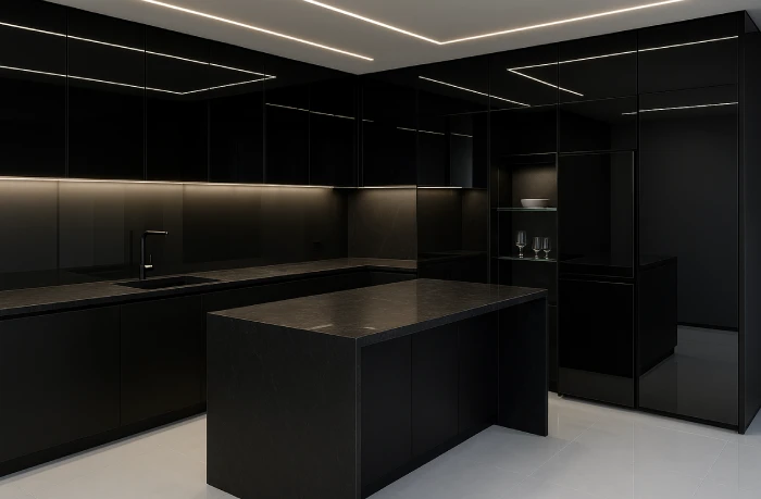 desain dapur minimalis warna hitam Plafon Grid Mewah