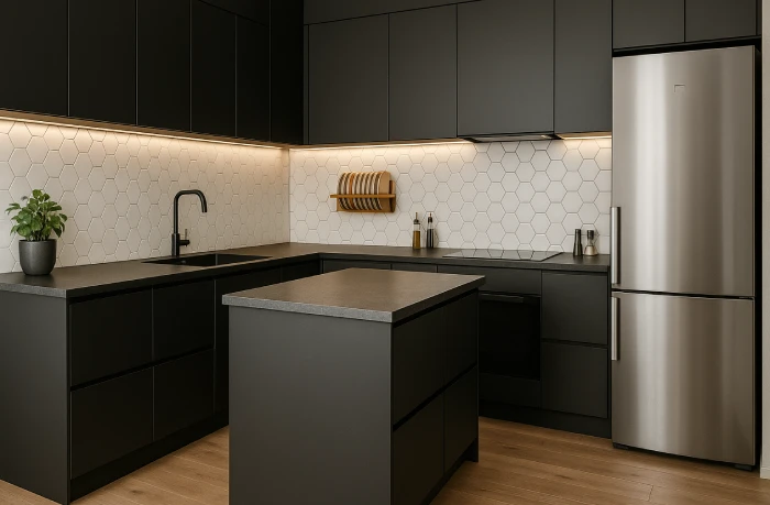 desain dapur minimalis warna hitam Sentuhan Stainless Steel