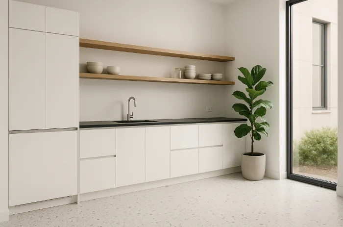 desain keramik lantai dapur minimalis Lantai Teraso Putih