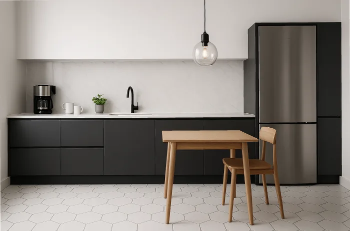 desain keramik lantai dapur minimalis Pola Hexagon Putih