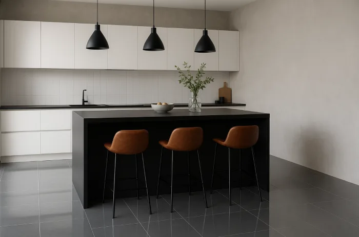 desain keramik lantai dapur minimalis Warna Abu Glossy