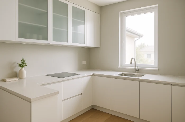 desain meja dapur minimalis Bentuk L Quartz Putih