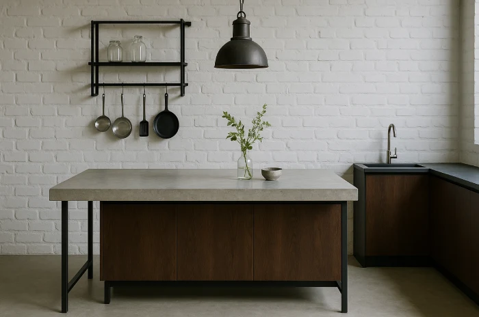 desain meja dapur minimalis Beton Industrial Elegan
