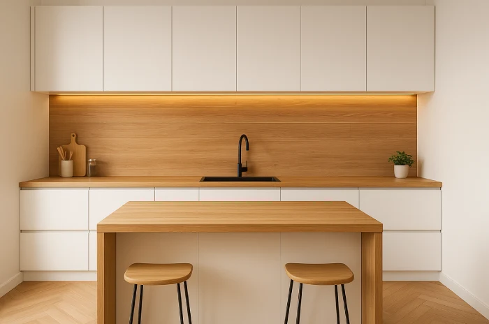 desain meja dapur minimalis Panel Kayu Hangat