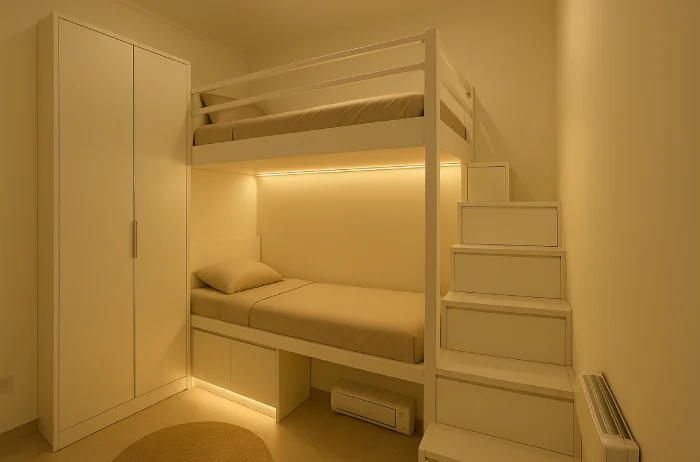 desain tempat tidur tingkat untuk kamar sempit Built-in Putih Modern