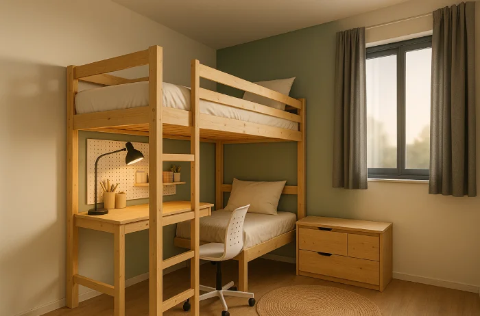 desain tempat tidur tingkat untuk kamar sempit Meja Belajar Terintegrasi