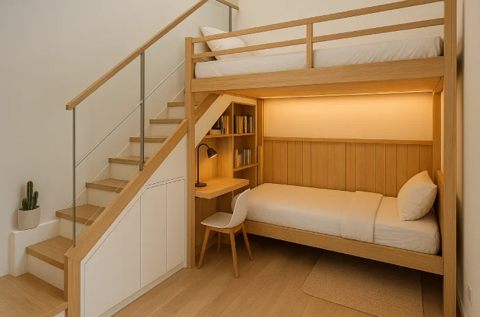 desain tempat tidur tingkat untuk kamar sempit Pagar Kaca Mewah