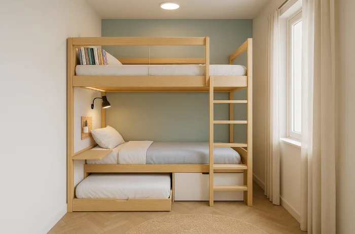 desain tempat tidur tingkat untuk kamar sempit Tiga Kasur Susun