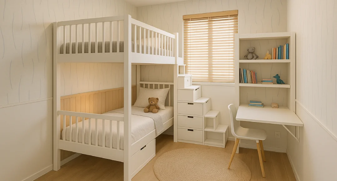 desain tempat tidur tingkat untuk kamar sempit putih minimalist