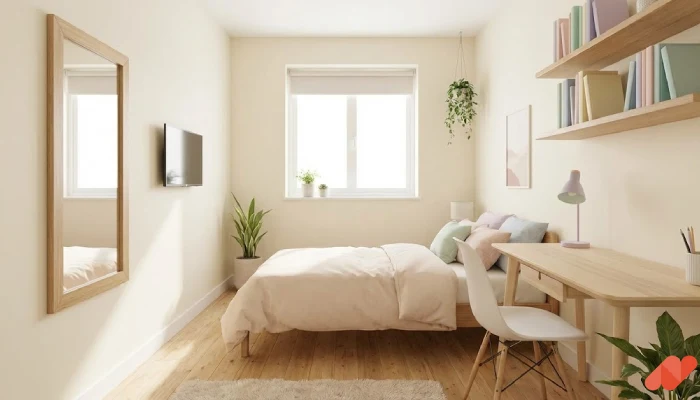 Desain kamar tidur anak kost minimalis Ilusi Cermin Besar