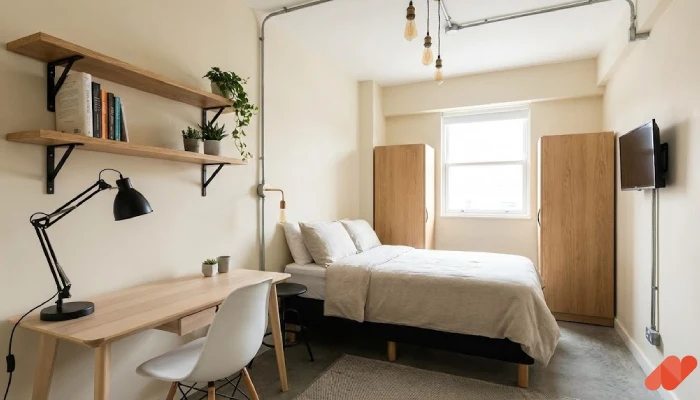 Desain kamar tidur anak kost minimalis Industrial Rak Terbuka