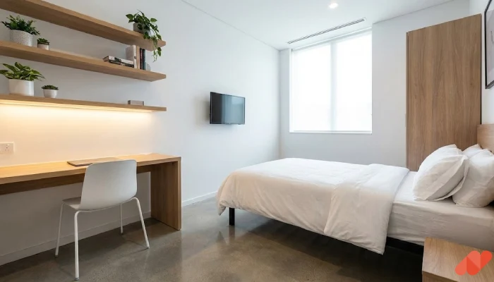 Desain kamar tidur anak kost minimalis Meja Kerja Memanjang