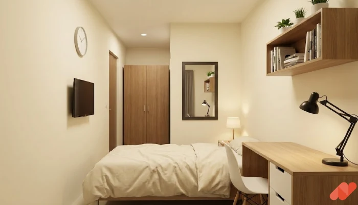 Desain kamar tidur anak kost minimalis Nuansa Kayu Hangat