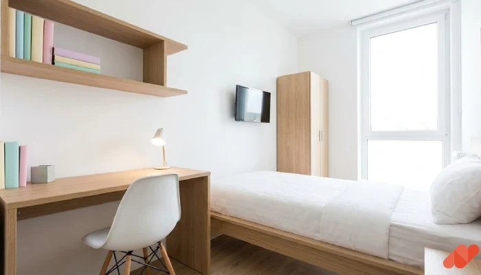 Desain kamar tidur anak kost minimalis Scandi Putih Terang