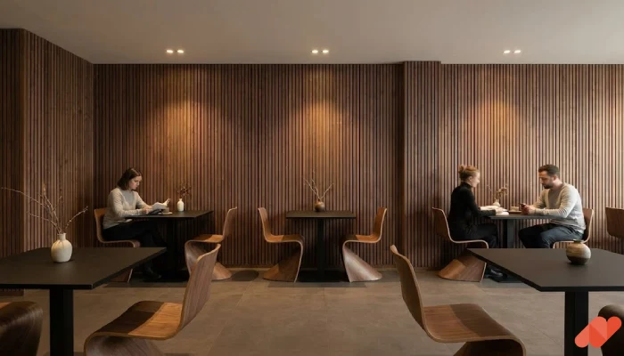 desain cafe minimalis Kayu Gelap Moody