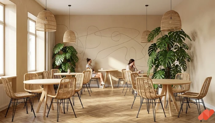 desain cafe minimalis Lampu Rotan Hangat