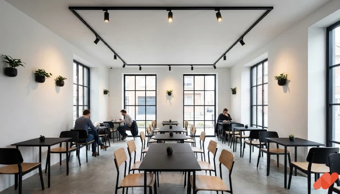 desain cafe minimalis Luas Terbuka Rapi