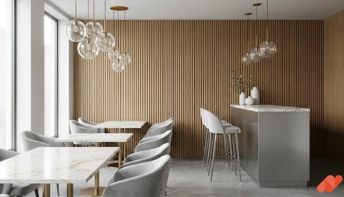 desain cafe minimalis Panel Kayu Elegan